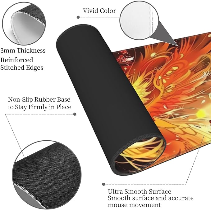 Gorgeous Phoenix Gaming Mouse Mat Extended Large XL Mouse Pad Desk Mat Non-Slip Rubber Mice Pads Stitched Edges for Office and Home,31.5 X 11.8 X 0.12 Inches