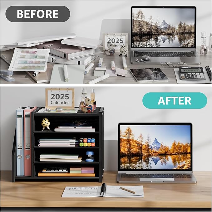 Wood Paper Tray Organizer for Desk - 5 Tier Desk Top File Storage Office Workspace Desktop Organization Stationary Small Wooden Shelf, Black