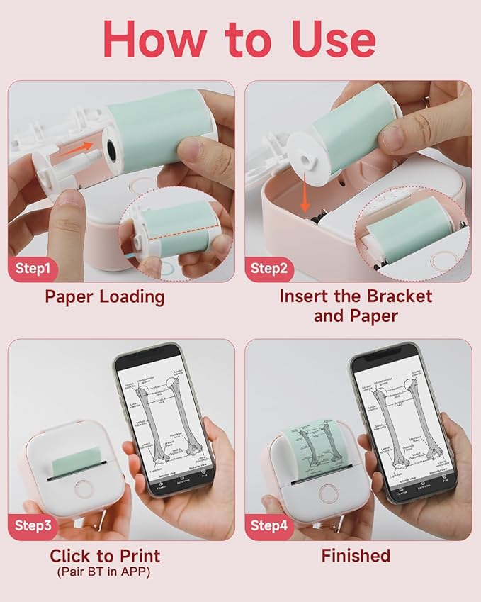 Memoking Mini Sticker Printer - T02 Mini Thermal Printer Wireless Inkless Label Maker Portable Sticker Maker for Student Birthday Gift, Compatible with iOS & Android, Pink