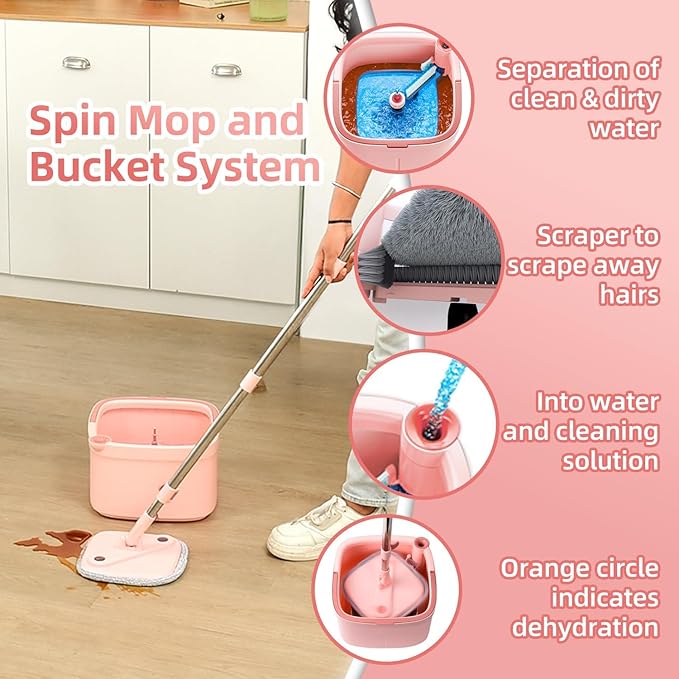KZKR Square Spin Mop and Bucket Set with Self Separation Dirty and Clean Water System, Self Wringing 360° Rotating Mops Head with 6 Replaceable Microfiber Pads for Home Floors Cleaning