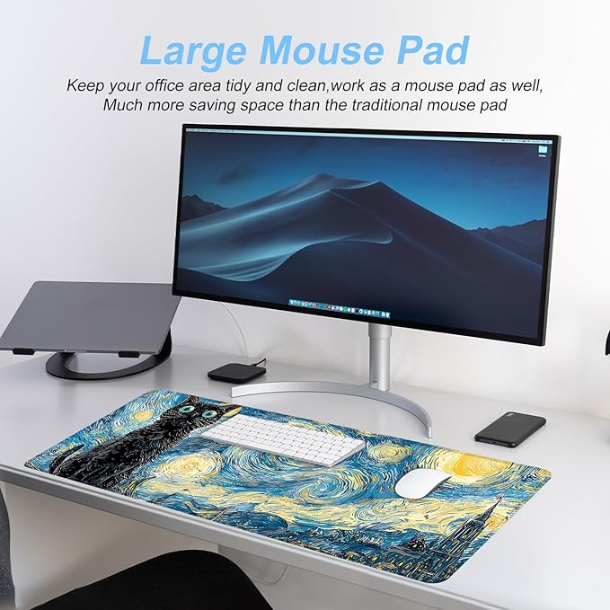 Vincent Van Gogh Starry Night Black Cat Mouse Pad – Large 31.5" x 11.8" Extended Desk Mat with Artistic Swirling Starry Sky Design, Non-Slip Rubber Base, Smooth Surface for Gaming & Office
