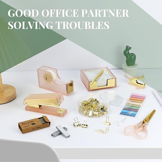 Buqoo Pink Acrylic Sticky Notes Holder Stapler and Tape Dispenser Cutter with Staple Remover, Scissor, Ballpoint Pen, Sticky Notes, Paper Clips Set for School Home N Office Supplies