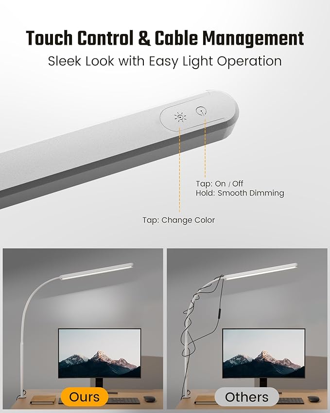 SUPERDANNY Eye-Caring LED Desk Lamp 360° Flexible Gooseneck Work Lamp with Desk Side Clamp Touch Control 3 Light Colors Smooth Dimming Task Lighting Reading Light for Home Office College Dorm, White
