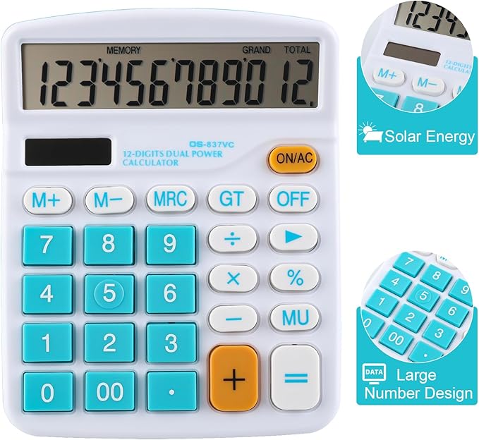 Meichoon Calculator Large Display Desktop Solar Battery Dual Power 12 Digit Financial Dedicated Standard Function Business Calculator Multifunctional KA08 Blue