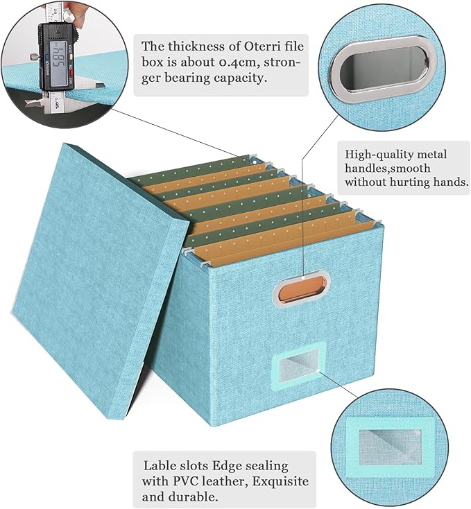 Oterri File Organizer Box,Filing Box with Lid,File Box for Letter/Legal File Folder Storage, Portable Hanging File Box for Office/Decor/Home,1 Pack,Light-blue-Box only