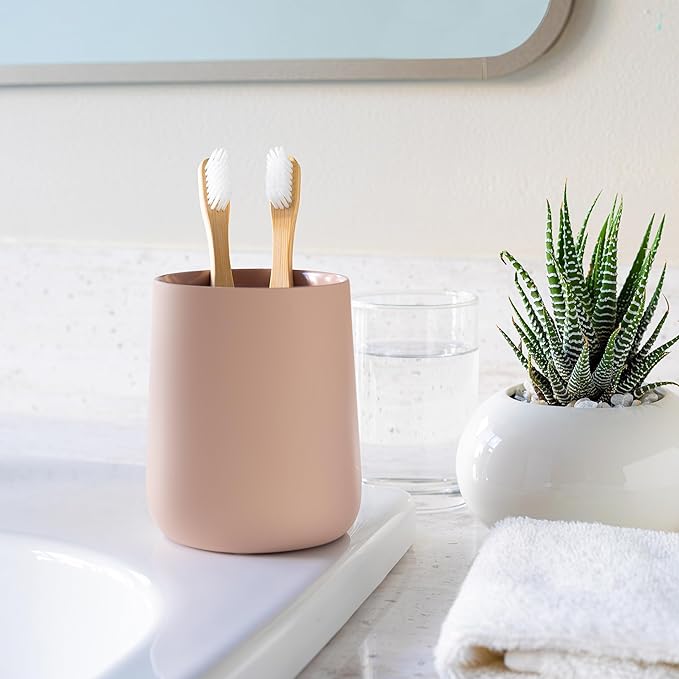 Yew Design Matte Dusty Pink/Mauve Toothbrush and Toothpaste Holder and Cup for Bathroom Vanity and Countertop, Round Organizer for Electric Toothbrushes, Floss, Razors, Cotton, and Mouthwash