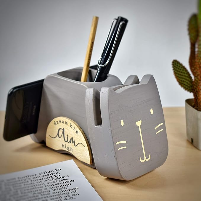 I'm Wood Multipurpose Eyeglass Phone Pen & Pencil Holder Stand Stationery Desk Organizer Accessories, For Home Office Desktop Decor Birthday Graduation Gifts “Dream Big Aim High” (Cat)