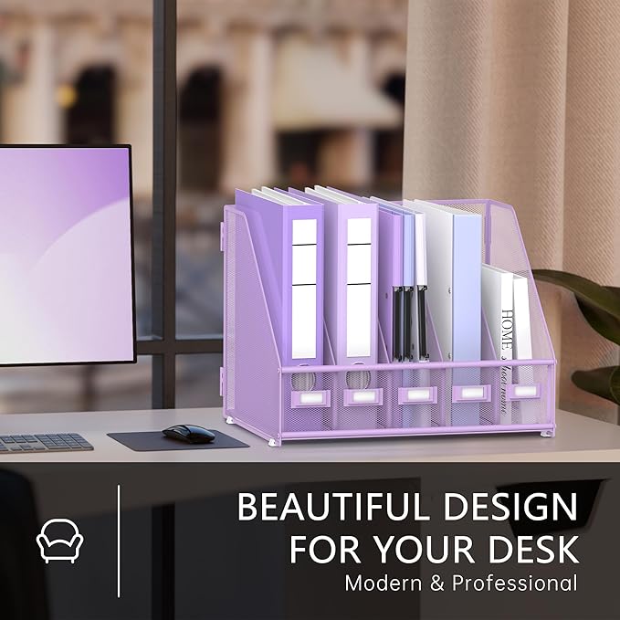 DALTACK Desk Organizers Metal Magazine File Holder with 5 Vertical Compartments Folder Storage Binder Organizer for Office Home School Organization, Purple Plus