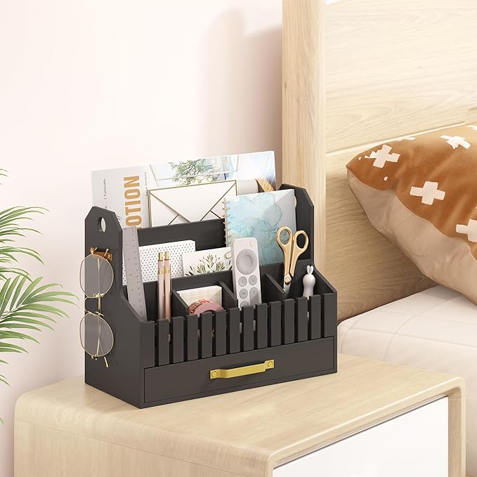 Bamboo Mail Organizer Countertop with Drawers, Wood Desk File Organizer Desktop Paper Organization Storage Bill & Letter Sorter Holder for School Home Office Supplies, No Assembly Required (Black)