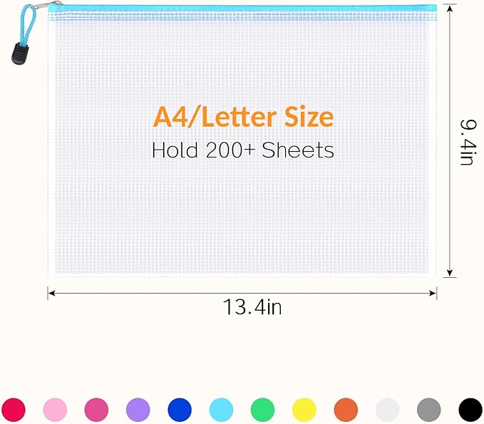 Sooez 24 Pack Mesh Zipper Pouch with Sticky Labels, A4 Mesh Bags for Board Game Puzzles Organization Storage, Durable Letter Size File Folders Organizer for Teacher School Classroom Office Supplies