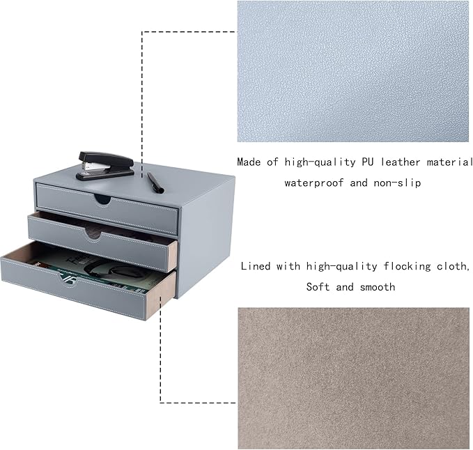 Leather Desk Organizer with 3 Drawers/Tray, Executive Office Supplies Desktop Filing A4 File Cabinet/Holder, Stackable Storage Box Grey (Gray)