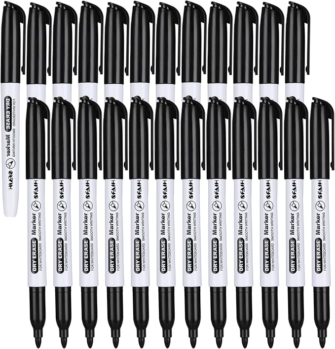 Fine Tip Dry Erase Markers - 24 Pack Black Whiteboard Erasable Markers Bulk for Kids Adults, Ideal for Classroom School Office Home Use on White Board, Non-Toxic Easy Clean