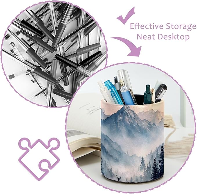 Watercolor Mountain Deer PVC Leather Circular Pencil Holder for Desk Organizer Stationery Holder for Office, School(3.9 x 3.1 Inches)