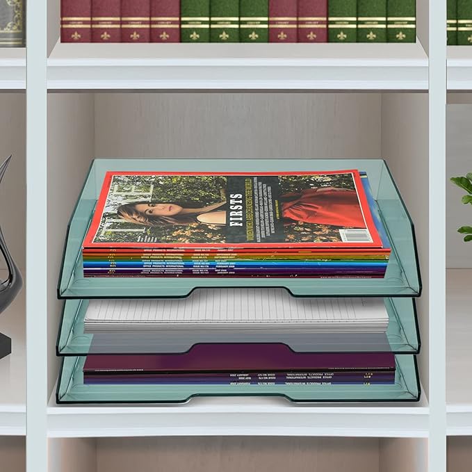 Acrimet Stackable Letter Tray 3 Tier Side Load, Plastic, Desktop File Organizer (Clear Green Color)