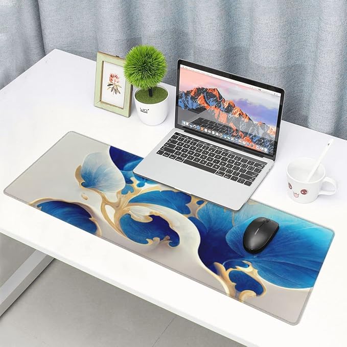 Desk Pad,Office Desk Mat 31.5"×11.8" Large Gaming Mouse Pad,Extended Computer Mouse Pad,Waterproof Thick Big Mouse Pads with Non-Slip Rubber Base Office Home Blue White Marble Flower