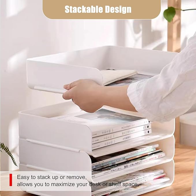 4 Tier Desk Organizer, Stackable Paper Tray Organizer for Document, Letter, A4 File Paper, Desk Accessories, Notes, Pens (White, 4 Pack)