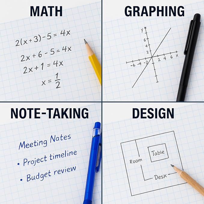 Graph Paper Loose Leaf Paper, Standard 8"x10-1/2" 4x4 Quad Ruled Notebook Paper,3 Hole Punched Filler Paper, 3 Ring Binder Paper, 300 Sheets Grid Paper, Made In USA