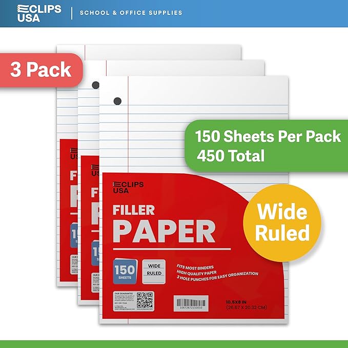Wide Ruled Notebook Paper, Loose Leaf Paper, 10.5” x 8” Filler Paper, 56 gsm, 450 Sheets,150 Sheet Per Pack (3 Pack)