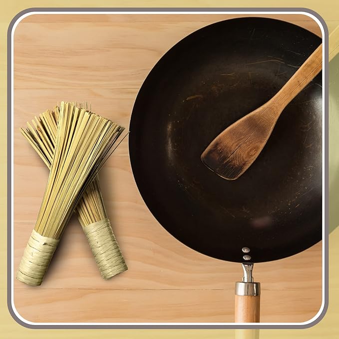 2 Pcs 12 Inches Bamboo Wok Brush Bamboo Kitchen Cleaning Brush Pot Scraper Scrubber Dish Pan for Cooking Skillet Grill Utensils Scrubbing