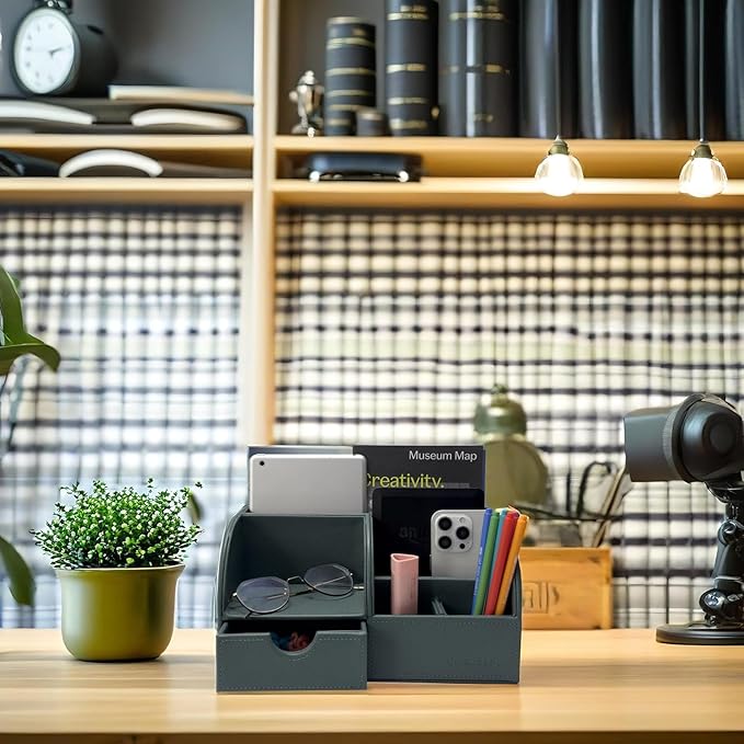 UnionBasic Desk Organizer - Multifunctional Leather Desktop Pen Holder Storage Box - Business Card/Pen/Pencil/Mobile Phone/Stationery Holder, Dark Ivy