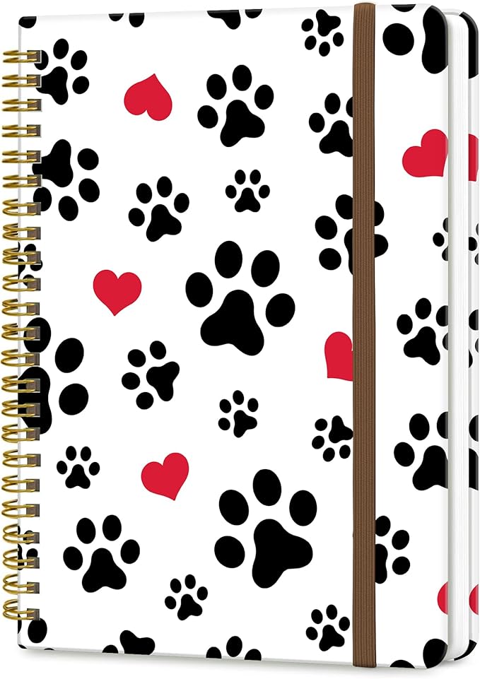 Spiral Journal Notebook, A5 Cute Notebooks for Women Men, College Ruled Hardcover Notebook for Work & Note Taking, 60 Pages Double-Wire Journals for Writing, White Cute Dog Paws