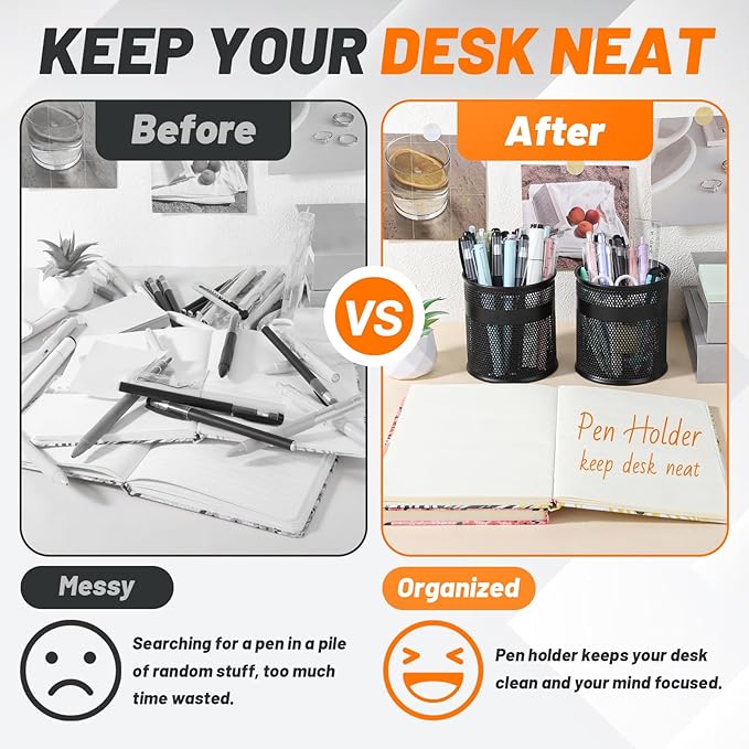 Segarty Pen Cup, 6 Pack Black Pen Holder for Desk, 3.9 x 4.2 inch Large Mesh Round Pencil Container Set Marker Holder Organizer for Office Supply, Desktop Accessories, School Student Teacher