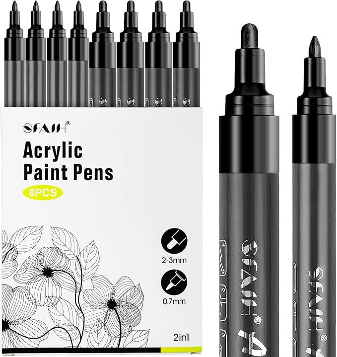 SFAIH Acrylic Black Paint Pens - 8 Pack 2-3MM Medium Tip & 0.7MM Extra Fine Black Permanent Markers for Rock Painting, Wood, Metal, Fabric, Plastic, Canvas, Glass, Ceramic, Diy Crafts
