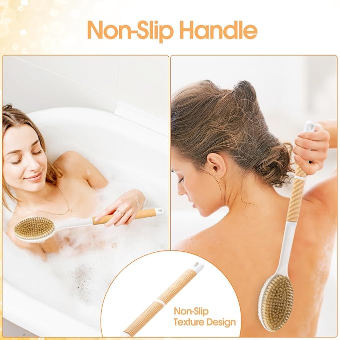 Body Scrubber Anti Slip for Shower,Shower Brush Long Handle with Stiff and Soft Bristles,Body Wash Exfoliating Back Scrubber for Bath or Dry Brushing Body Brush(Orange)