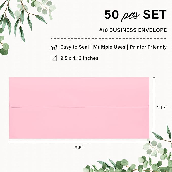 50 Pack #10 Business Envelopes, Self Seal Standard Pink Envelopes for Secure Business & Legal Mailing, Office, Checks, Letter, Invoices, 4 1/8 x 9 1/2 Inches
