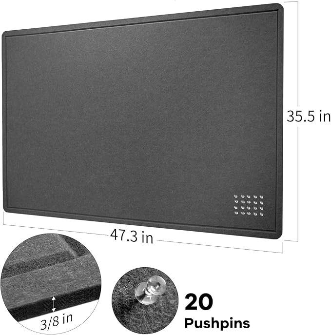 Large Bulletin Board - 48 x 36 Inches, Decorative Felt Pin Board for Wall - 4' x 3' Foldable Photo Display Board with Self-Adhesive Tape, Includes 20 Push Pins - Dark Gray