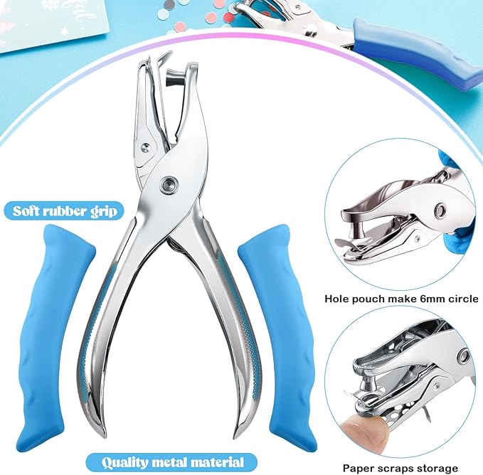 Chumia 12 Pieces Single Hole Punch Handheld 1/4 Inch Hole Paper Punch with Grip Handles Circle Single Shape Puncher for Craft Paper Greeting Cards Scrapbook Notebook(Blue)