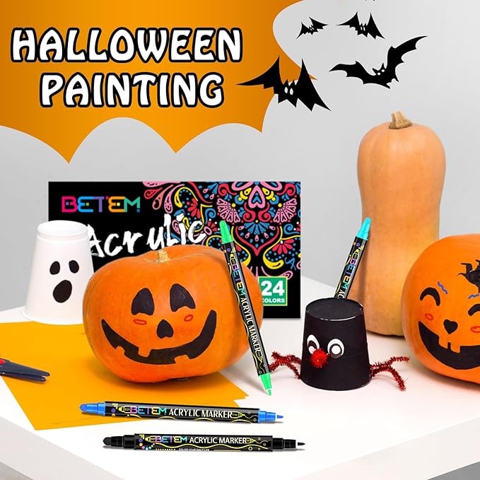Betem 24 Colors Dual Tip Acrylic Paint Pens Markers, Premium Acrylic Paint Pens for Halloween Decorations, Wood, Canvas, Stone, Rock Painting, Glass, Ceramic Surfaces, Pumpkin Painting Kit DIY Crafts