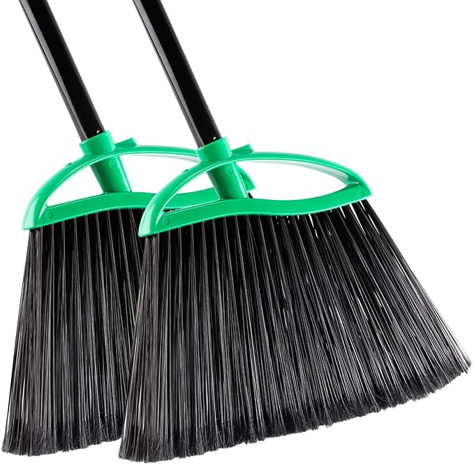 HileSwan 2 Pack Heavy Duty Brooms, 55" Long Handle Indoor Outdoor Angle Broom Set, Household Commercial Floor Cleaning, for Sweeping Home, Kitchen, Deck, Garage, Patio - Green