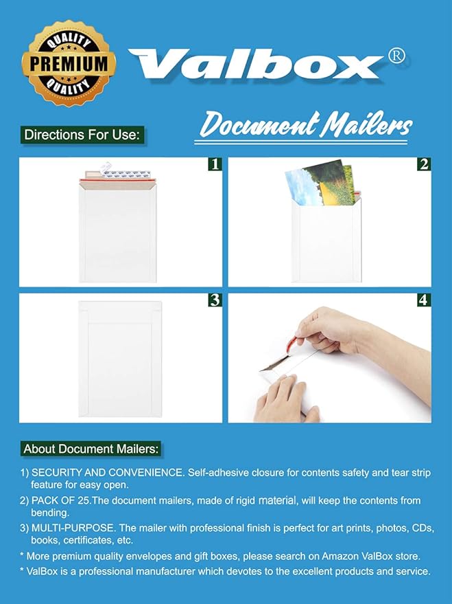 ValBox 9x11.5 Self Seal Photo Document Mailers 25 Pack Stay Flat White Cardboard Envelopes, 9.25 x 11.75 Inches