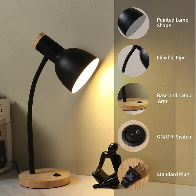 Table Lamp,Wooden Adjustable Desk Lamp,Dorm Lamp&Bedside Lamp for Living Room, Bedroom, Kids Room (Black)