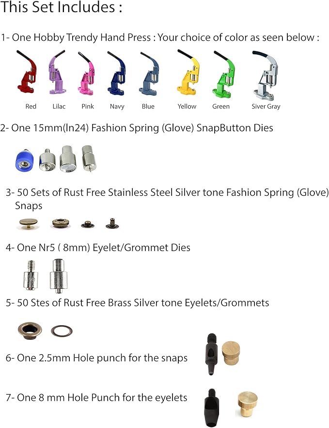 Hobby Trendy Hand Press with Rust Free Steel 50 Sets Ln24 15mm Fashion Spring Glove Snaps and 50 Sets Brass 8 mm (Nr5) Eyelets, Matching Dies and Hole Punches (Bronze Supplies, RED Press)