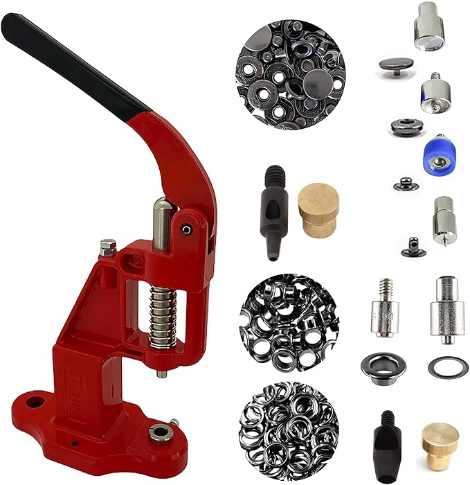 Hobby Trendy Hand Press with Rust Free Steel 50 Sets Ln24 15mm Fashion Spring Glove Snaps and 50 Sets Brass 8 mm (Nr5) Eyelets, Matching Dies and Hole Punches (Black Supplies, RED Press)