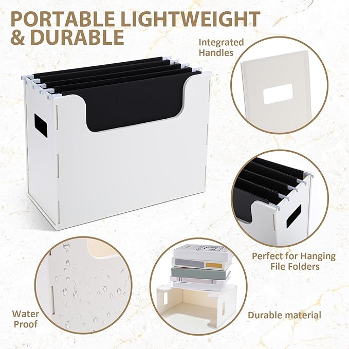 Portable Desktop File, Side Handles, Filing Organizer, Hanging File Folders, Letter Size for Schools Office Home(White,2 Pcs)