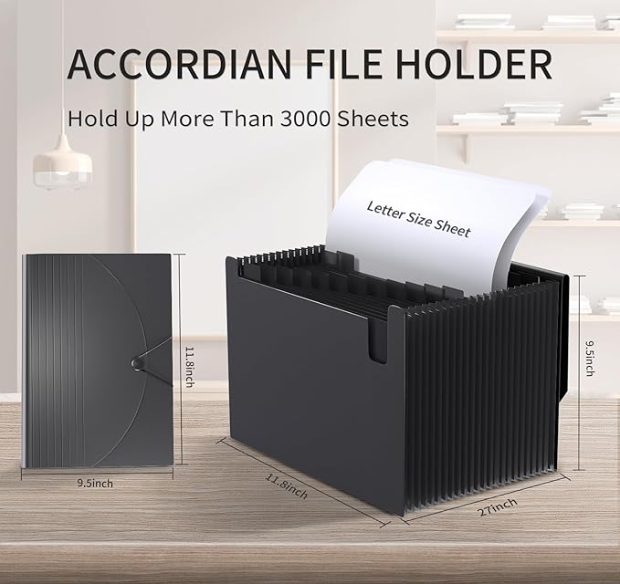 24 Pockets Expanding File Folder,Accordion File Organizer,Document Organizer Letter Size,Expandable Filing Box,Special Designed for Portable Use,Accordian Folders,Plastic (Black)