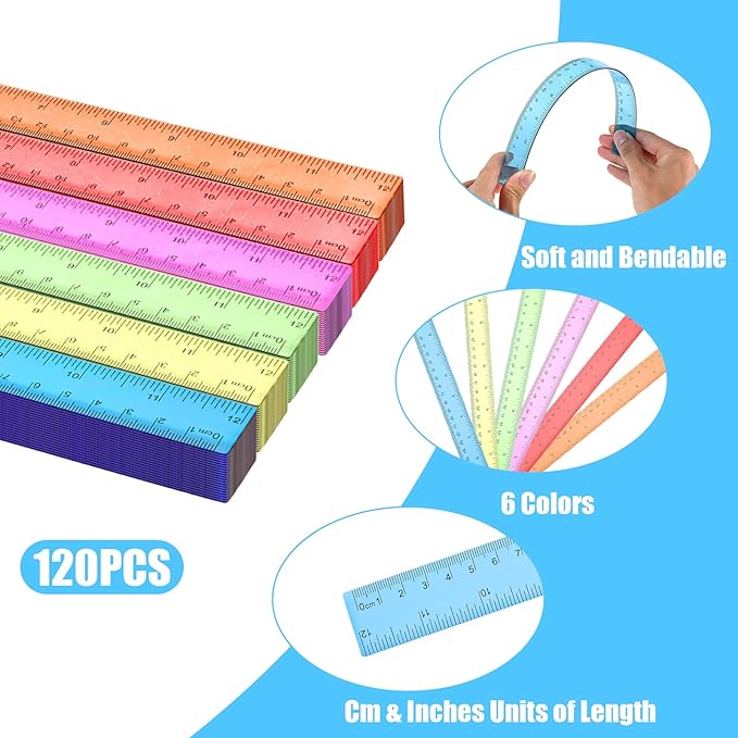 120 Pack 12 Inch Plastic Rulers Bulk for Back to School Supplies Flexible Transparent Assorted Color Ruler with Centimeters and Inches for Office Usage (6 Colors)