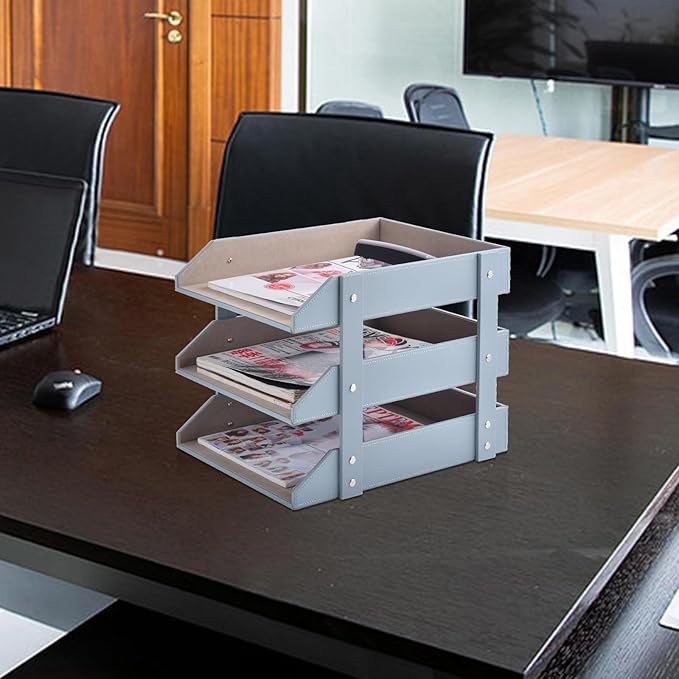 Leather Desk Organize Holder,3-Layer Stackable Letter Tray,Used to Store documents,Folders,Stationery,Magazines,Paper,and Other Home Office Supplies,Desk File Rack (Grey)