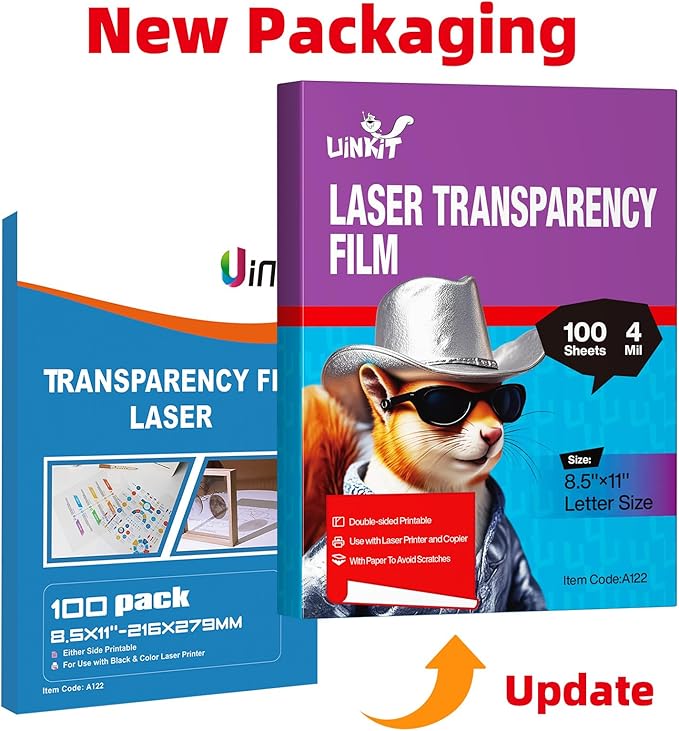 Uinkit 100 Sheets Laser Transparency Film 8.5x11 Color Transparent Paper OHP Clear Overhead Projector Film 8.5x11" for Laser Jet Printer Copier Copy Copies Photo Transparent Film A4 Letter Size