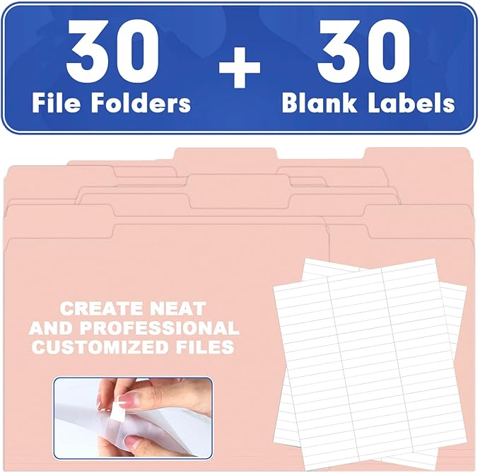 File Folder, HERKKA 30 Pack 1/3 Cut Tab File Folders, File Folders Great for Organizing and Filing, Letter Size, Pink