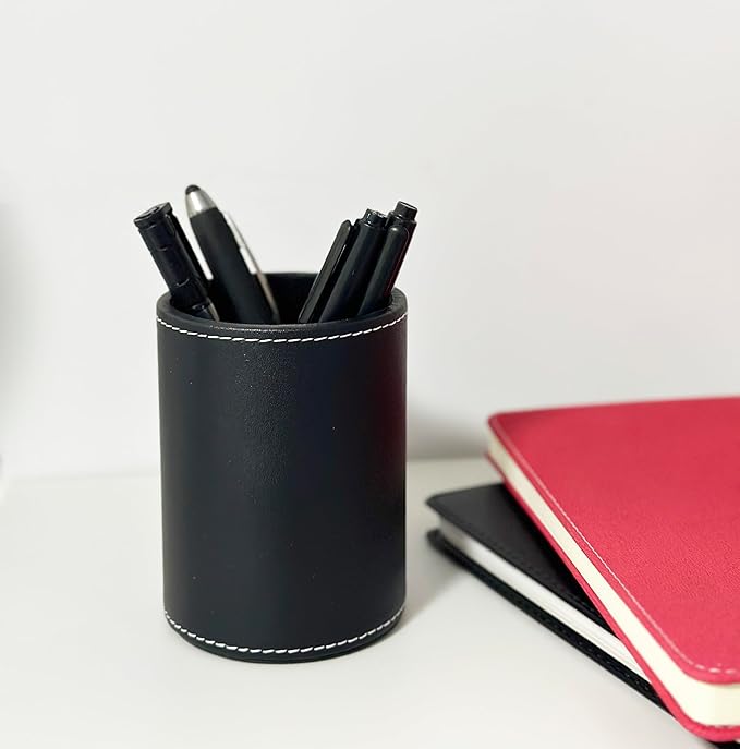 Round Pen Pencil Holder, PU Leather Pencil Cup, Desktop Stationery Organizer, Stand Desk Organizer, Office Accessories Container (Black)