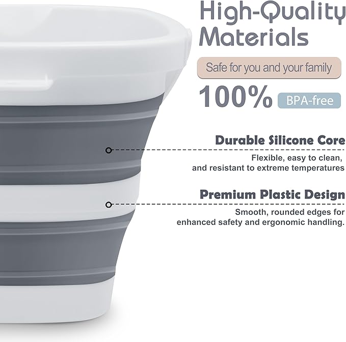 2 Pack Small Collapsible Buckets, 1.4Gal/5L BPA-Free - Foldable Water Pails for Car Washing, Camping, Beach - Portable Lightweight Storage Set for Outdoor, RV, Travel (Grey)