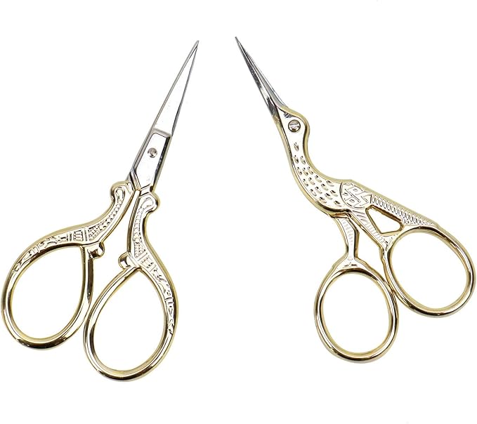 AQUEENLY Embroidery Scissors, Stainless Steel Sharp Stork Scissors for Sewing Crafting, Art Work, Threading, Needlework - DIY Tools Dressmaker Small Shears - 2 Pcs (3.6 Inches, Gold)