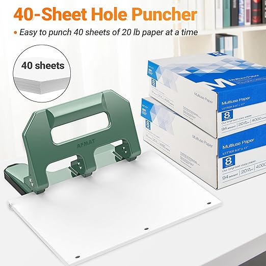 AFMAT HPX1 Heavy Duty 3 Hole Punch, 3 Hole Puncher for Binder, 40-Sheet Three Hole Punch w/ 10000+ Uses, Metal Hole Puncher 3 Ring, 50% Reduced Effort, Bulit-in S.S. Paper Guide (Green)