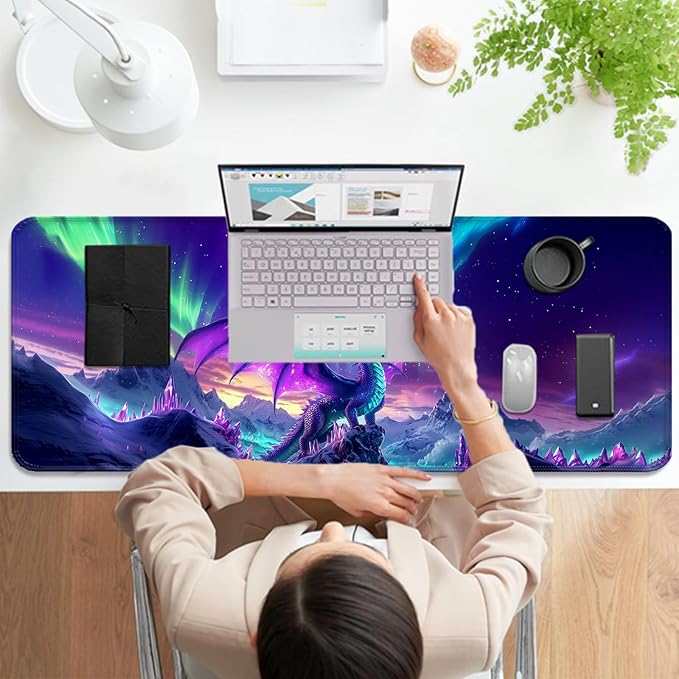 Fantasy Aurora Scenery and Dragon Gaming Desk Mat, Computer Keyboard Large Extended Long Mouse Pad for Office and Home, XL (W06)