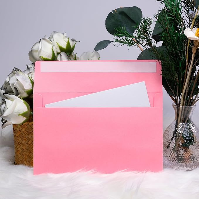 Pink A9 Blank Invitation Envelopes 50 Pack, 5-3/4 x 8-3/4 Inches Self Seal Envelopes - Ideal for Weddings, Business, RSVPs & Greeting Cards (Durable Finish)
