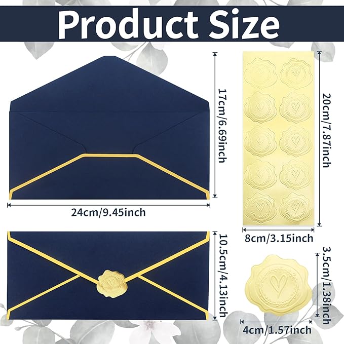 Business Envelopes with V-Flap,Gold Border 30 Pack #10 Envelopes Made of 150gsm Paper, Standard Envelopes with Gold Stickers for Office, Checks, Letter Mailing,9.45 * 4.13 Inches(Navy Blue)